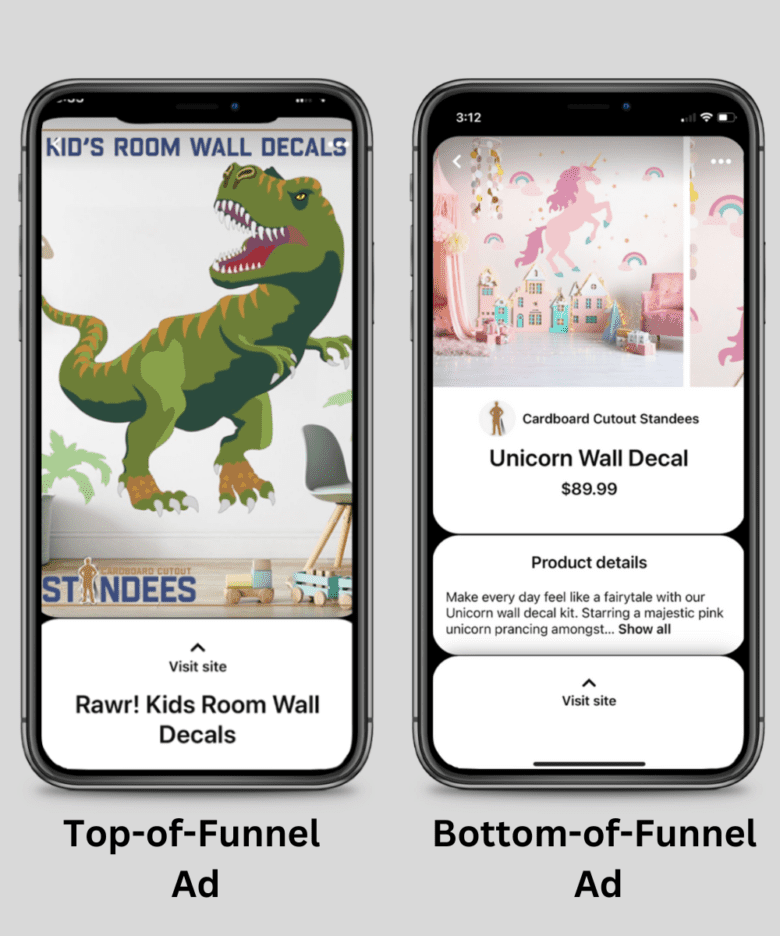 Top of Funnel Ad: Kid's Wall Decor T-rex example. Caption: Rawr! Kids Room Wall Decals. Bottom of Funnel Ad: Unicorn Wall Decal, $89.99. Product details: Make every day feel like a fairytale with our Unicorn wall decal kit. Visit site.