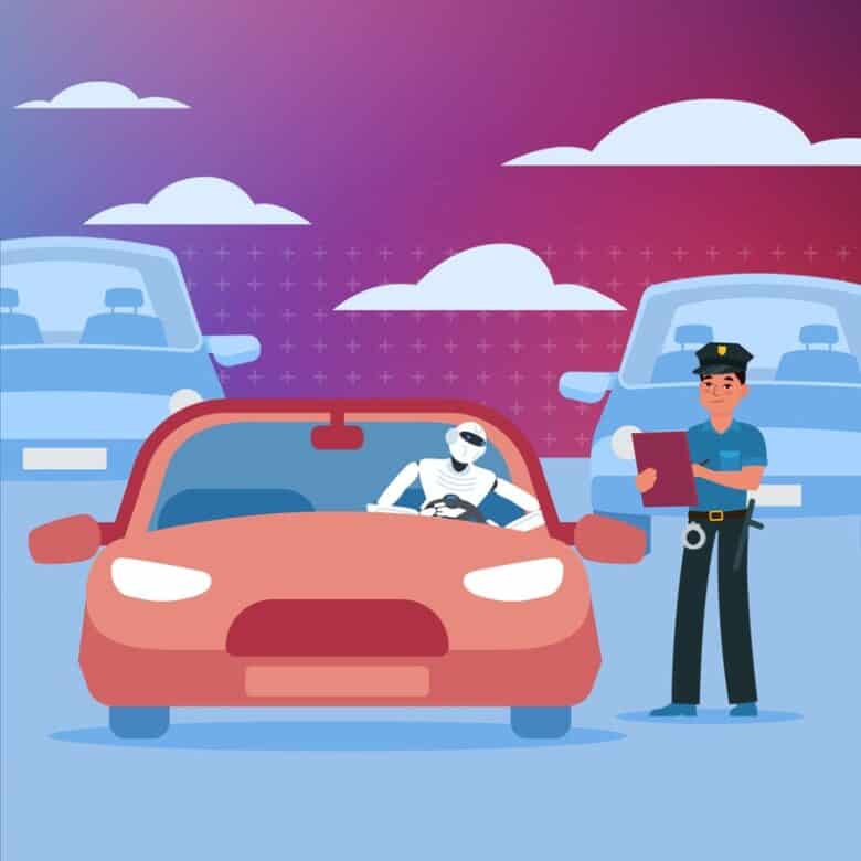 A human police officer pulls over a robot driving a car to give them a ticket. Illustration.