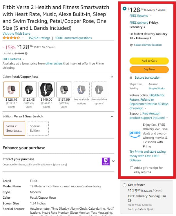 Amazon product listing: Fitbit Versa 2 Health and Fitness Smartwatch. A red box is drawn around the price and shipping policies: $128.16. Free returns. Free delivery, Friday, February 3. Or fastest delivery January 28 - February 2.