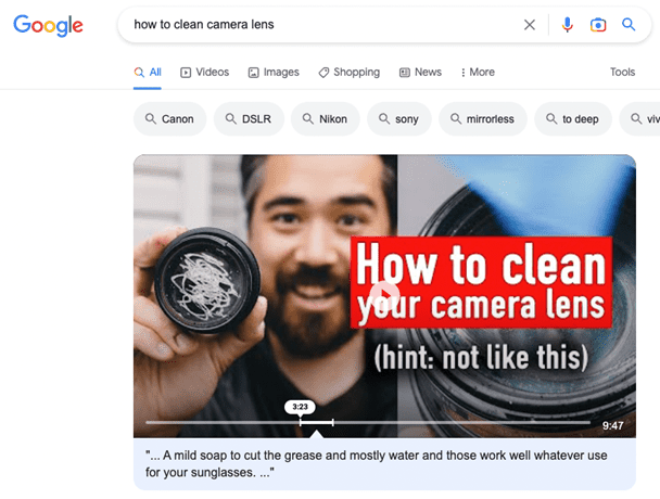 Google video search results for "how to clean camera lens."