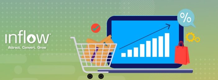 Laptop computer screen showing gradually increasing bar charts. A small shopping cart filled with boxes sits in front of it. Logo: Inflow. Attract. Convert. Grow.