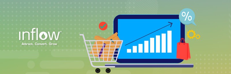 Laptop computer screen showing gradually increasing bar charts. A small shopping cart filled with boxes sits in front of it. Logo: Inflow. Attract. Convert. Grow.