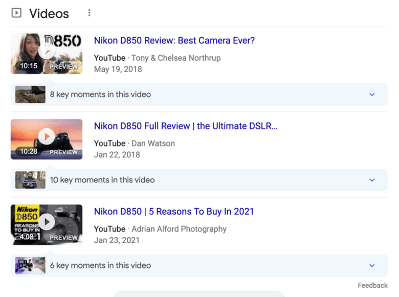 Google video search results for "nikon d 850 review." Video titles: "Nikon D 850 Review: Best Camera Ever?" "Nikon D 850 Full Review: The Ultimate D S L R." "Nikon D 850: 5 Reasons to Buy in 2021."