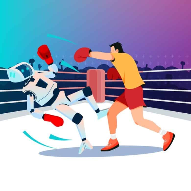 A human boxer knocks out a robot boxer in the boxing ring. Illustration.