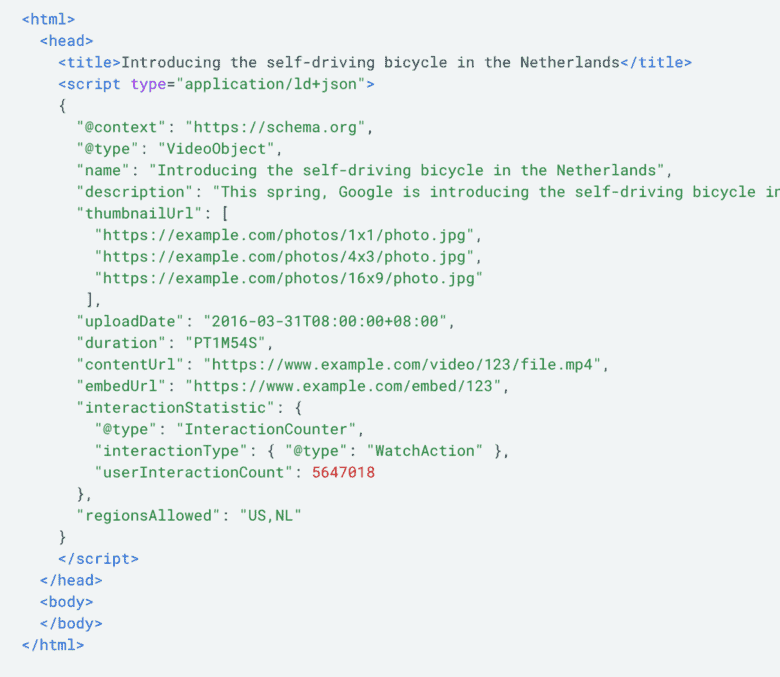 HTML code for video schema markup.