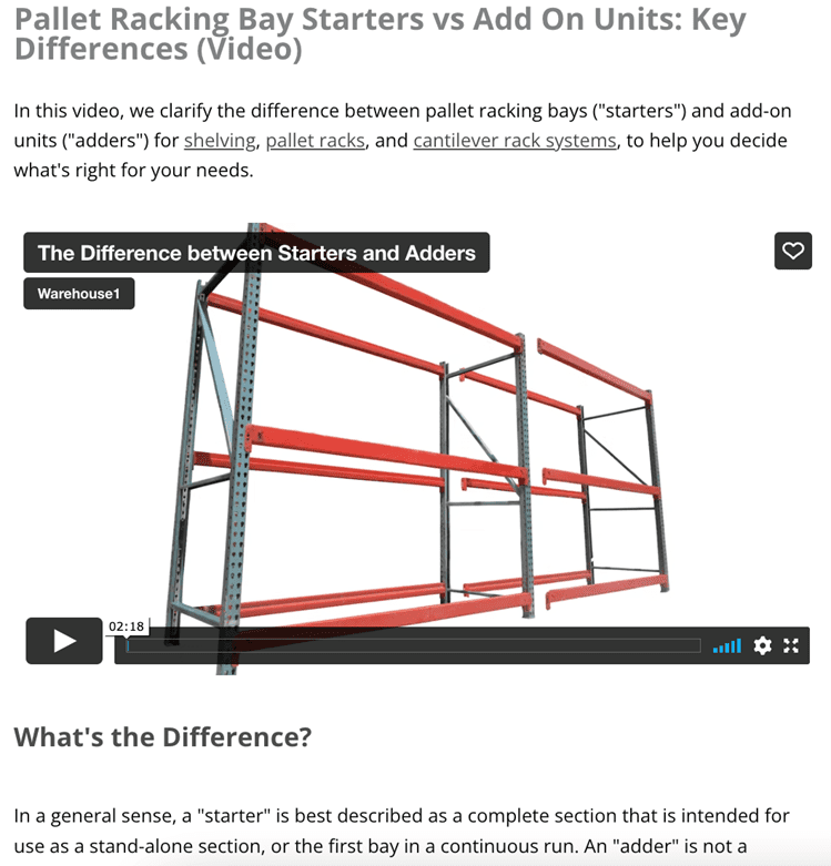 Blog post: Pallet Racking Bay Starters vs. Add On Units: Key Differences (Video). Introduction: In this video, we clarify the difference between pallet racking bays ("starters") and add-on units ("adders") for shelving, pallet racks, and cantilever rack systems, to help you decide what's right for your needs. Embedded video: The Difference Between Starters and Adders.