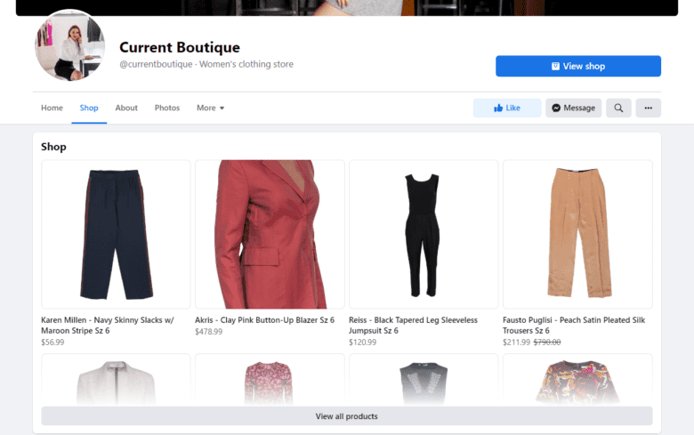 Current Boutique Facebook Shop, displaying fashion and apparel products for sale.