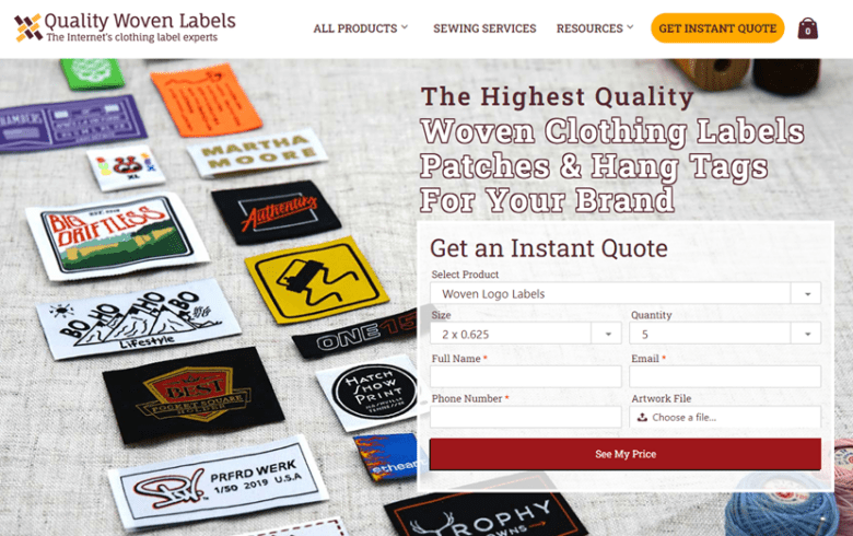 Website homepage: Quality Woven Labels. The Internet's clothing label experts.