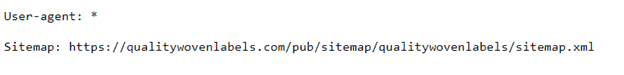 User-agent: *. Sitemap: https://www.qualitywovenlabels.com/pub/sitemap/qualitywovenlabels/sitemap.xml.