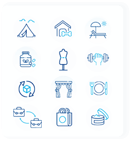 Matrix of icons: tent, doghouse, pool lounge chair, prescription bottle, dress form, dumbbell, recycle, curtains, plate and silverware, shopping bag, beauty product tin.