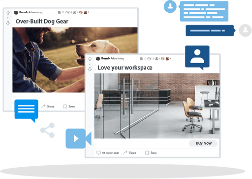 Sample Reddit Ads. Ad 1: Picture of a man with a beard petting a labrador retriever. Caption: Over-Built Dog Gear. Ad 2: Picture of a glass office conference room and rolling chairs. Caption: Love your workspace.