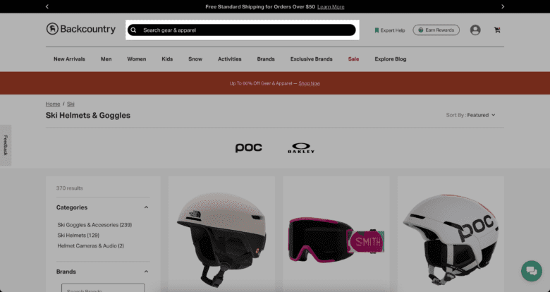 Backcountry.com category page. Highlighted in search bar: Search gear and apparel.