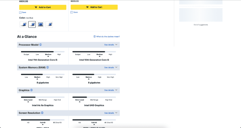 BestBuy.com Product Comparison. At a Glance: Processor Model, System Memory (R A M), Graphics, Screen Resolution.