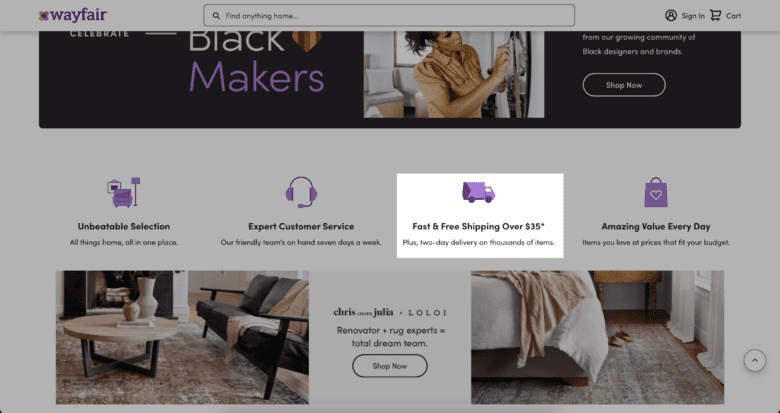 Wayfair.com homepage. Highlighted: Fast & Free Shipping Over $35. Plus, two-day delivery on thousands of items.