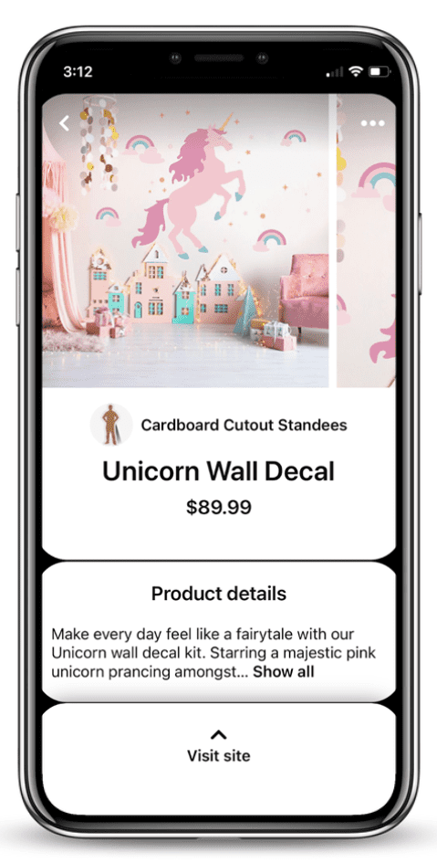 Cardboard Cutout Standees Pinterest Ad: Unicorn Wall Decal, $89.99. Product details: Make every day feel like a fairytale with our Unicorn wall decal kit. Visit site.