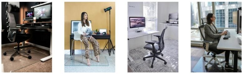 Four images of Vitrazza glass chair mats. Two images include women with brown hair sitting in a chair and showing off the Vitrazza glass chair mat in use. The other two are product images showing the Vitrazza glass chair mat in modern home offices.