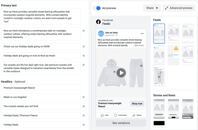 Facebook's dynamic creative options, including suggestions for primary text, ad headlines, and ad previews.