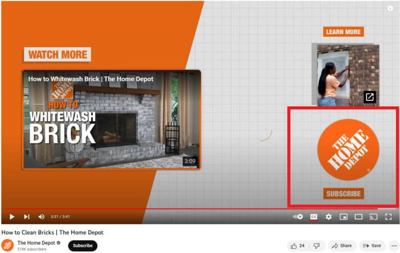 The Home Depot YouTube video: How to Clean Bricks. Highlighted is the call to action in the right-hand corner of the screen: Subscribe.