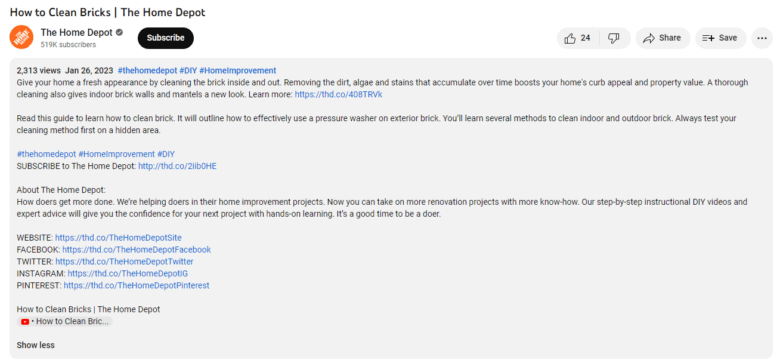 The Home Depot YouTube video description for How to Clean Bricks. Description: Give your home a fresh appearance by cleaning the brick inside and out. Removing the dirt, algae and stains that accumulate over time boosts your home's curb appeal and property value. A through cleaning also gives indoor brick walls and mantels a new look. Learn more.