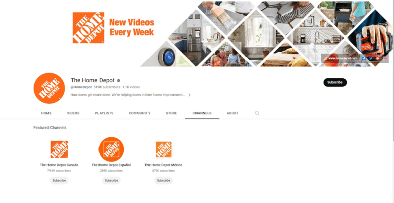 The Home Depot's YouTube channel. Featured channels: The Home Depot Canada, The Home Depot Espanol, The Home Depot Mexico.