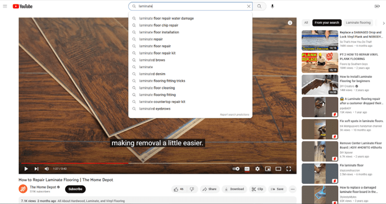 YouTube AutoSuggest search feature. Search for laminate shows results: laminate floor repair water damage, laminate floor chip repair, laminate floor insulation, laminate repair, laminate floor repair.