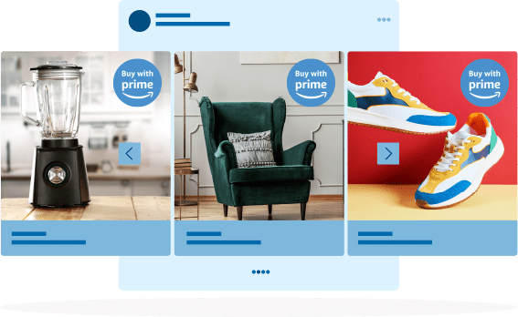 custom-ppc-campaigns Three products listings, each with a Buy With Prime logo in the upper righthand corner. Products, from left to right: A blender, an armchair, and a pair of sneakers.
