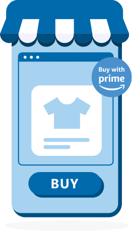 Mobile phone screen showing a t-shirt product listing. Button: Buy. Logo: Buy With Prime.