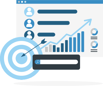 see-think-do-21 Bullseye with bar chart showing positive growth. Illustration.
