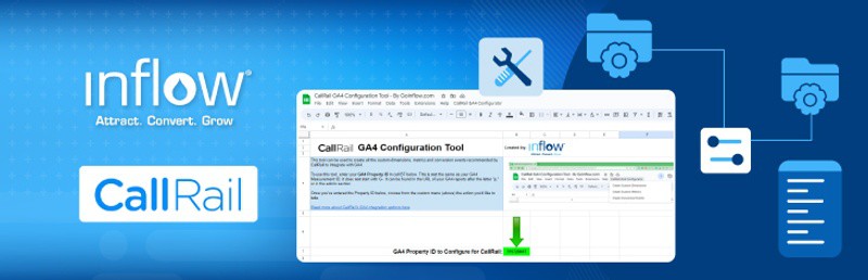 Logo: Inflow. Attract. Convert. Grow. Logo: CallRail. Screenshot of Inflow's CallRail and Google Analytics 4 Configuration Tool.