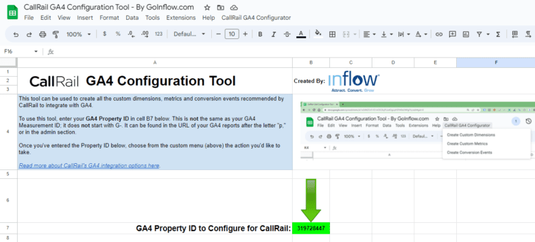 Screenshot of Inflow's CallRail G A 4 Configuration Tool.