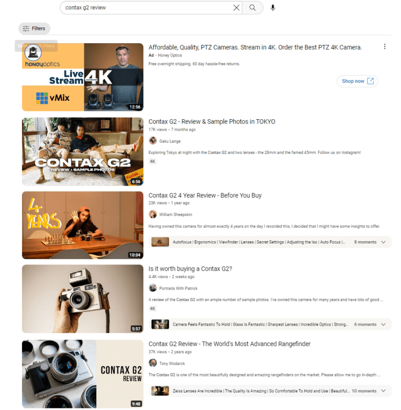 YouTube search results for contax g 2 review.