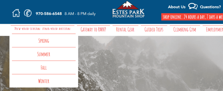 Estes Park Mountain Shop Website. Navigation drop-down under Pick Your Season: Spring, Summer, Fall, Winter.