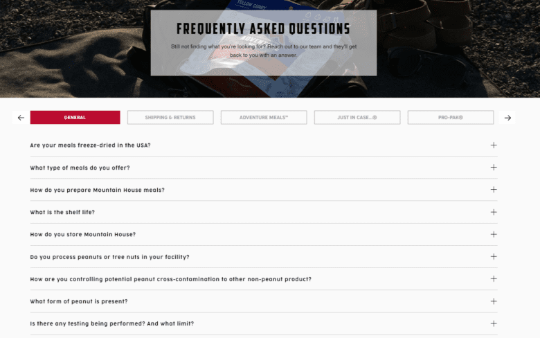 Mountain House Frequently Asked Questions webpage. Content categories: general, shipping and returns, adventure meals, just in case, pro-pak.