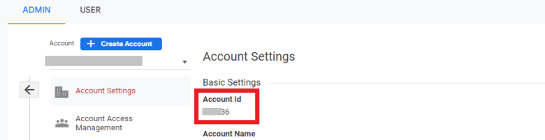 Google Analytics Admin. Account Settings. Highlighted is the Account ID.