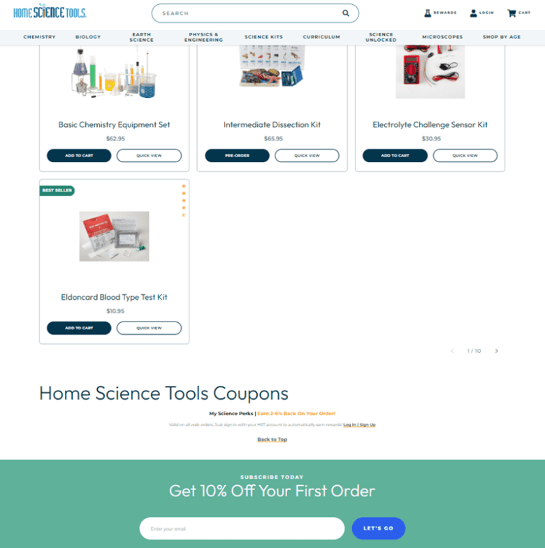 Home Science Tools Coupon web page, showing popular products and a 10% off your first order offer.