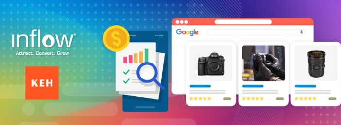 Google Shopping Ads promoting camera equipment. Logo: Inflow. Attract. Convert. Grow. Logo: K E H Camera.