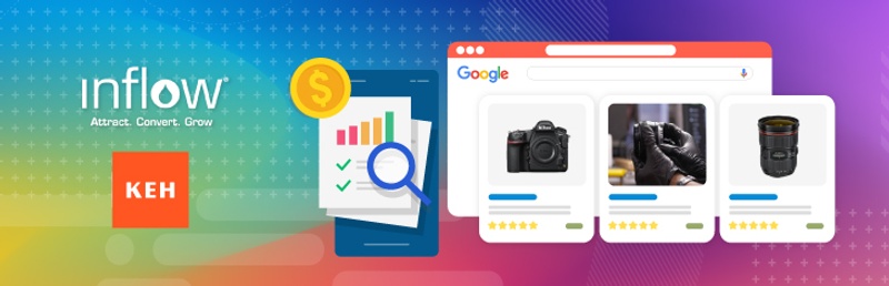 Google Shopping Ads promoting camera equipment. Logo: Inflow. Attract. Convert. Grow. Logo: K E H Camera.