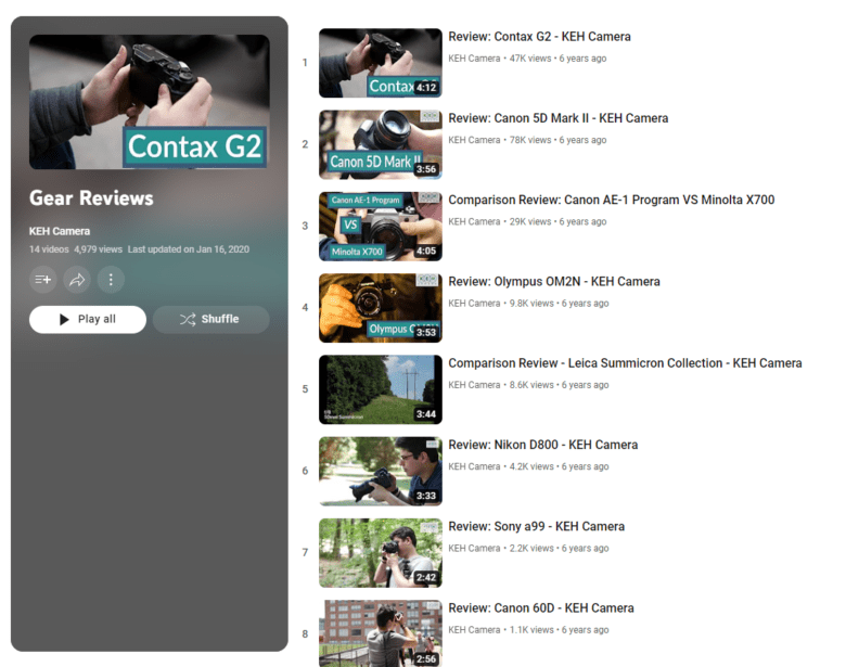 K E H Camera's YouTube playlist Gear Reviews, featuring eight videos comparing and reviewing camera products.
