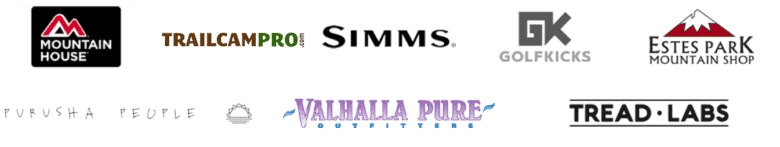 Logos: Mountain House. TrailCamPro. Simms Fishing. GolfTek. Estes Park Mountain Shop. Purusha People. Vahalla Pure Outfitters. Tread Labs.