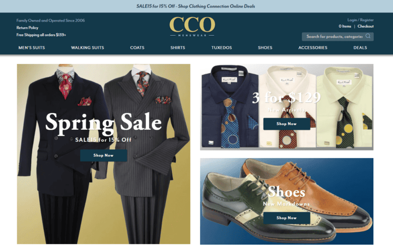 C C O Menswear's website home page.