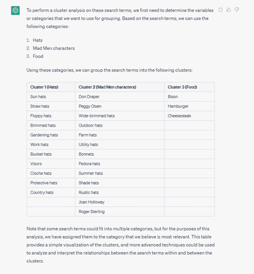 Chat G P T response: To perform a cluster analysis on these search terms, we first need to determine the variables or categories that we want to use for grouping. Based on the search terms, we can use the following categories: 1. Hats. 2. Made Men characters. 3. Food. Using these categories, we can group the search terms into the following clusters. Cluster 1 (Hats): sun hats, straw hats, floppy hats, brimmed hats, gardening hats, work hats, bucket hats, visors, cloche hats, protective hats, country hats. Cluster 2 (Mad Men characters): Don Draper, Peggy Olsen, wide-brimmed hats, outdoor hats, farm hats, utility hats, bonnets, fedora hats, summer hats, shade hats, rustic hats, Joan Holloway, Roger Sterling. Cluster 3 (Food): Bison, hamburger, cheesesteak. Note that some search terms could fit into multiple categories, but for the purposes of this analysis, we have assigned them to the category that we believe is most relevant. This table provides a simple visualization of the clusters, and more advanced techniques could be used to analyze and interpret the relationships between the search terms within and between the clusters.