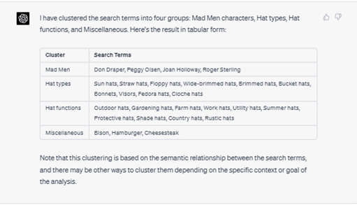 Chat G P T response: I have clustered the search terms into four groups: Mad Men characters, Hat types, Hat functions, and Miscellaneous. Here's the results in tabular form. Mad Men: Don Draper, Peggy Olsen, Joan Holloway, Roger Sterling. Hat types: Sun hats, straw hats, floppy hats, wide-brimmed hats, brimmed hats, bucket hats, bonnets, visors, fedora hats, cloche hats. Hat functions: outdoor hats, gardening hats, farm hats, work hats, utility hats, summer hats, protective hats, shade hats, country hats, rustic hats. Miscellaneous: bison, hamburger, cheesesteak. Note that this clustering is based on the semantic relationship between the search terms, and there may be other ways to cluster them depending on the specific context or goal of the analysis.