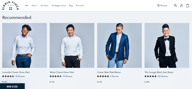 Kirin Finch Recommended Products: Lavender Classic Dress Shirt, White Classic Dress Shirt, Classic Blue Plaid Blazer, The Georgie Black Suit Blazer. Models are gender-queer individuals.