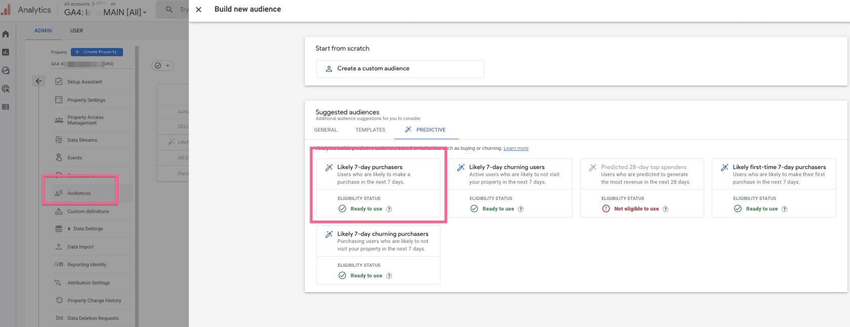 Google Analytics 4 Audiences tab. Highlighted in the Build New Audience tab is the Likely 7-day purchasers box: Users who are likely to make a purchase in the next 7 days.