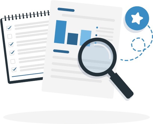 strategy-works A magnifying glass hovers over a piece of paper with a bar graph. Illustration.