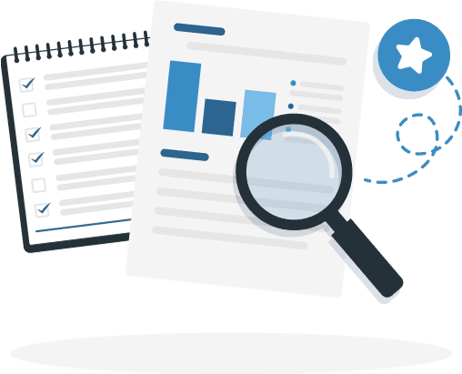 A magnifying glass hovers over a piece of paper with a bar graph. Illustration.