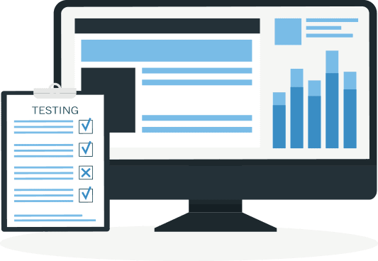 integrated-approach A computer monitor displays bar graphs next to a clipboard with a checklist titled Testing. Illustration.