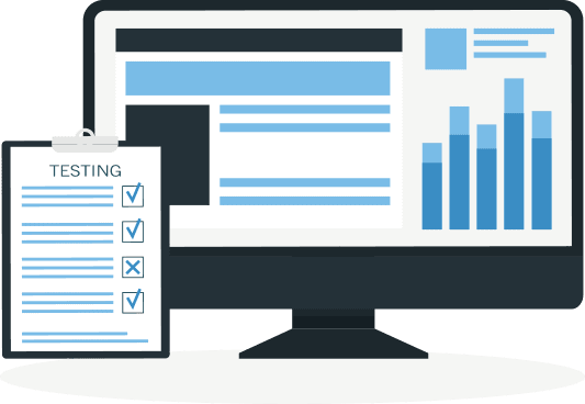 A computer monitor displays bar graphs next to a clipboard with a checklist titled Testing. Illustration.