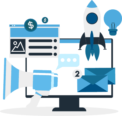 email-marketing-1 Computer monitor with icons for webpages, emails, messages. Illustration.