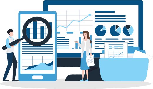 email-marketing-1 Small human figures stand in front of graphs and reports showing on phone and computer screens. Illustration.